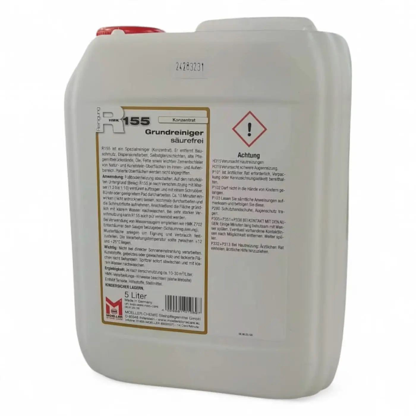 Weißer 5-liter kunststoffkanister mit rotem deckel und goldfarbenem etikett für hmk r155 grundreiniger säurefrei