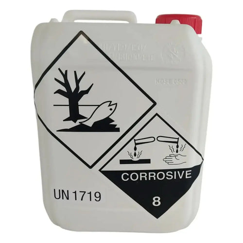 Weißer kunststoff-chemikalienbehälter hmk r160 schimmel-ex mit rotem deckel und schwarzen ätzgefahr-etiketten