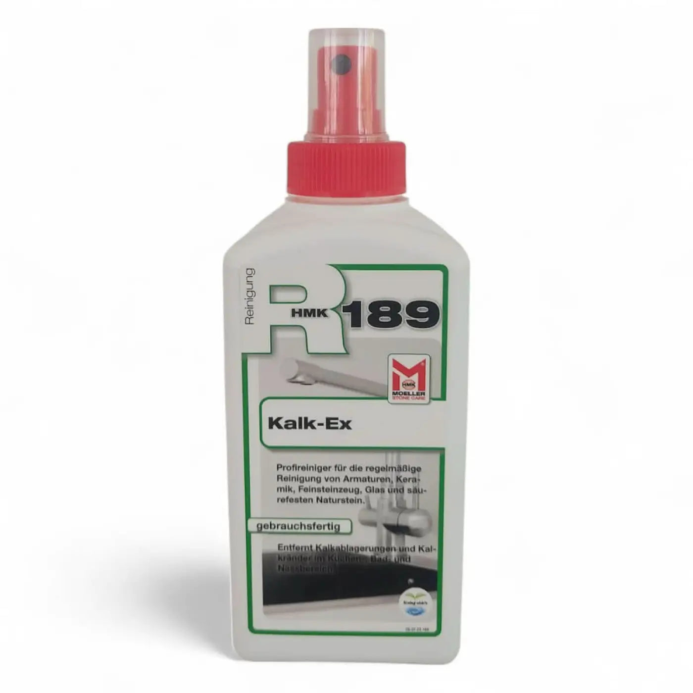 Weiße kunststoff-sprühflasche mit rotem deckel und grünem etikett hmk 189 kalk-ex zur kalkentfernung 250ml
