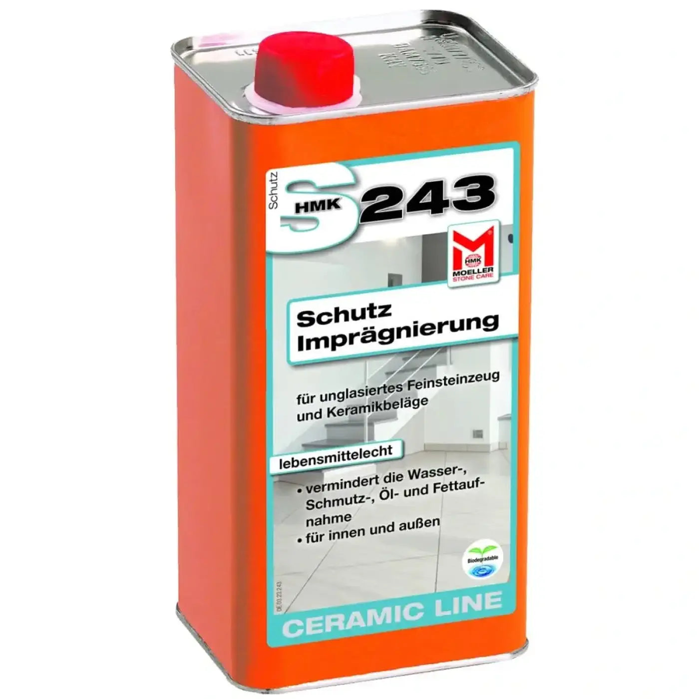 Orange metallkanne mit rotem verschluss und weißem etikett schutz 243 von möller stone care für feinsteinzeug fliesen schutz imprägnierung 5l