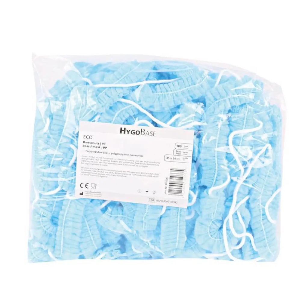 HygoBase bartschutz eco 100 stück leichtblaue einweg haarschutzkappen in transparenter plastikverpackung