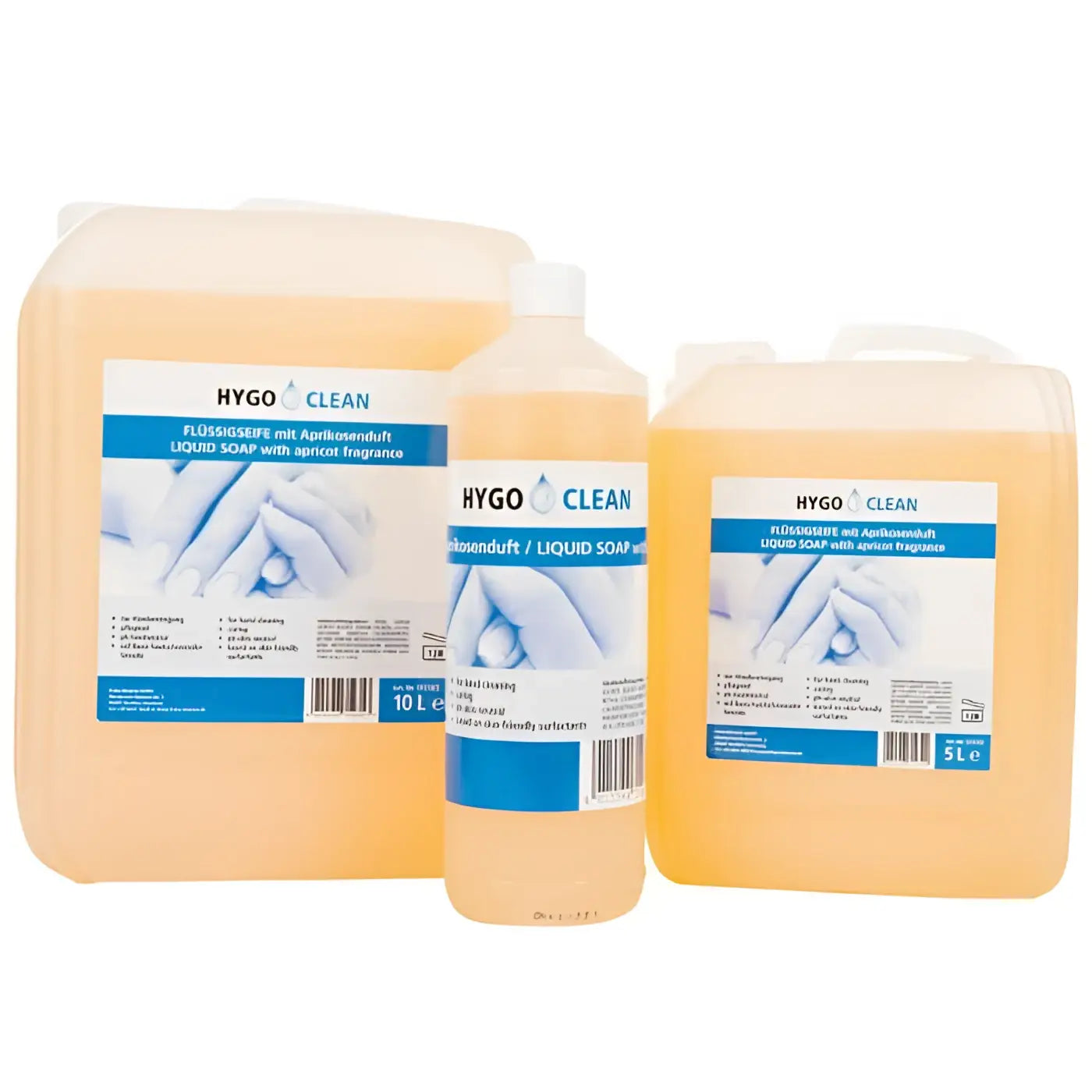 HygoClean flüssigseife apricot 10l in bernsteinfarbenen, durchscheinenden kunststoffbehältern mit weißen verschlüssen und blau-weißen etiketten