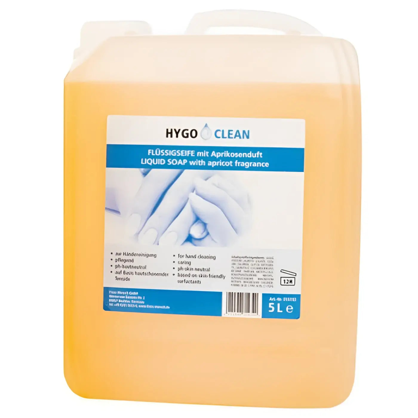 Hygo clean flüssigseife apricot 5l in einem gelb-orangefarbenen transparenten kunststoffkanister mit weißem griff