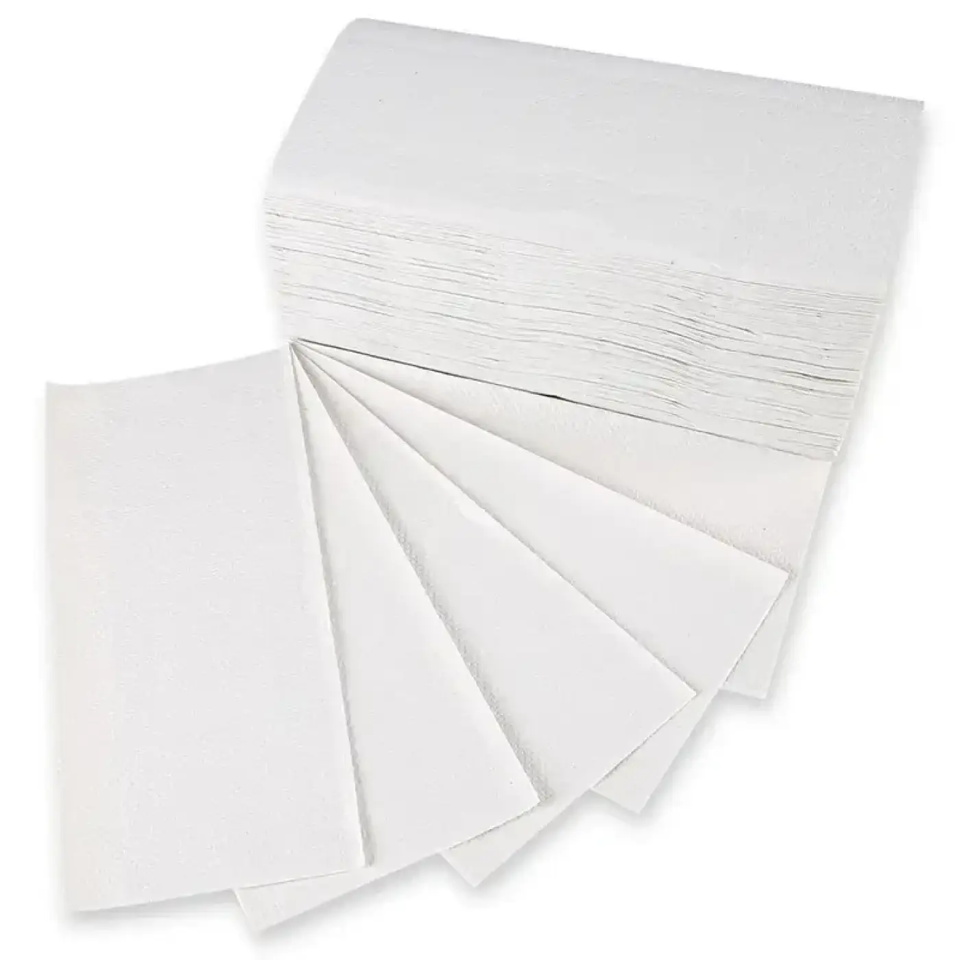 Ein stapel weißer hygoclean papierhandtücher aus 2-lagigem recyclingpapier mit glatter oberfläche und sauberen kanten