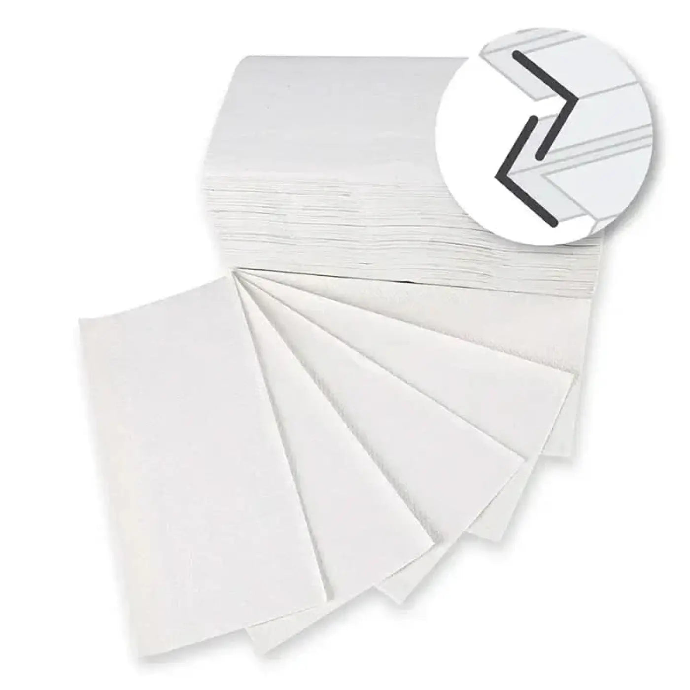 Stack of hygoclean 2-ply white paper napkins made from fsc recycled paper with zigzag v/zz folding 23x21 cm