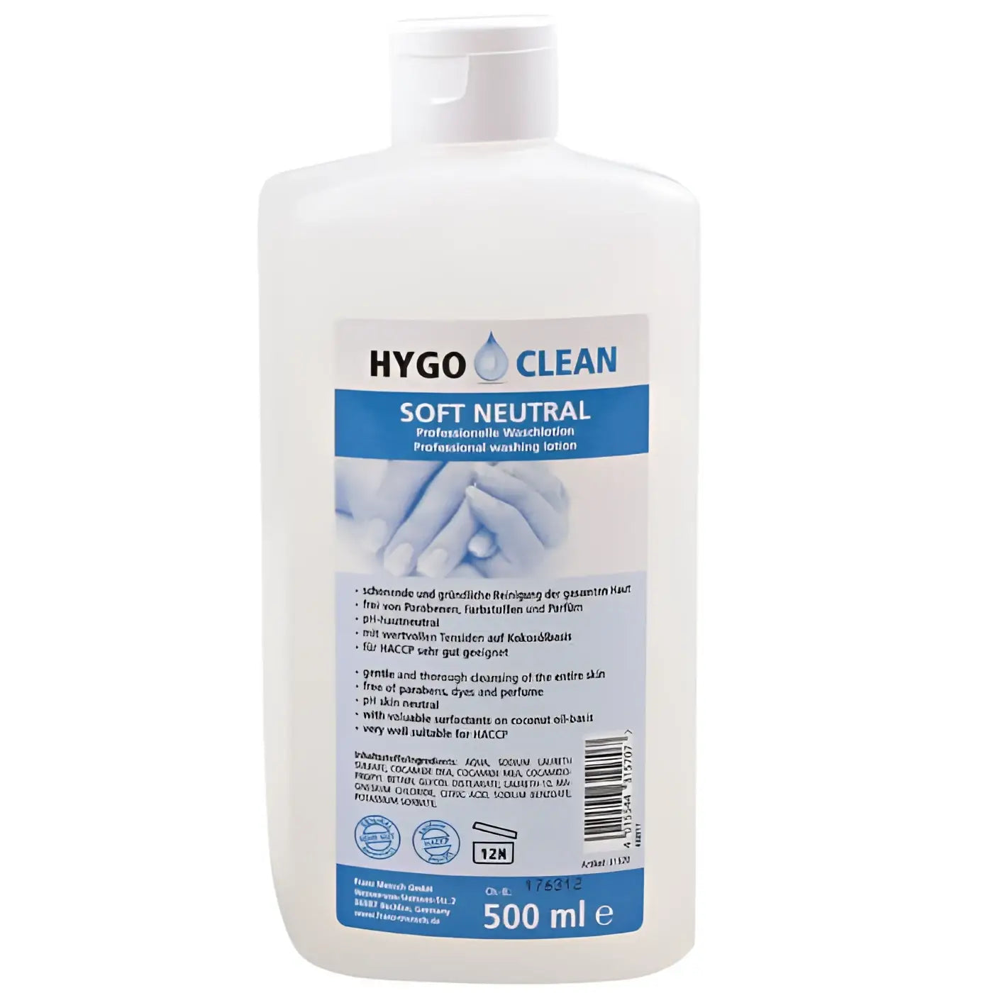 Weiße plastikflasche hygo clean soft neutral professionelle waschlotion 500 ml für sanfte reinigung