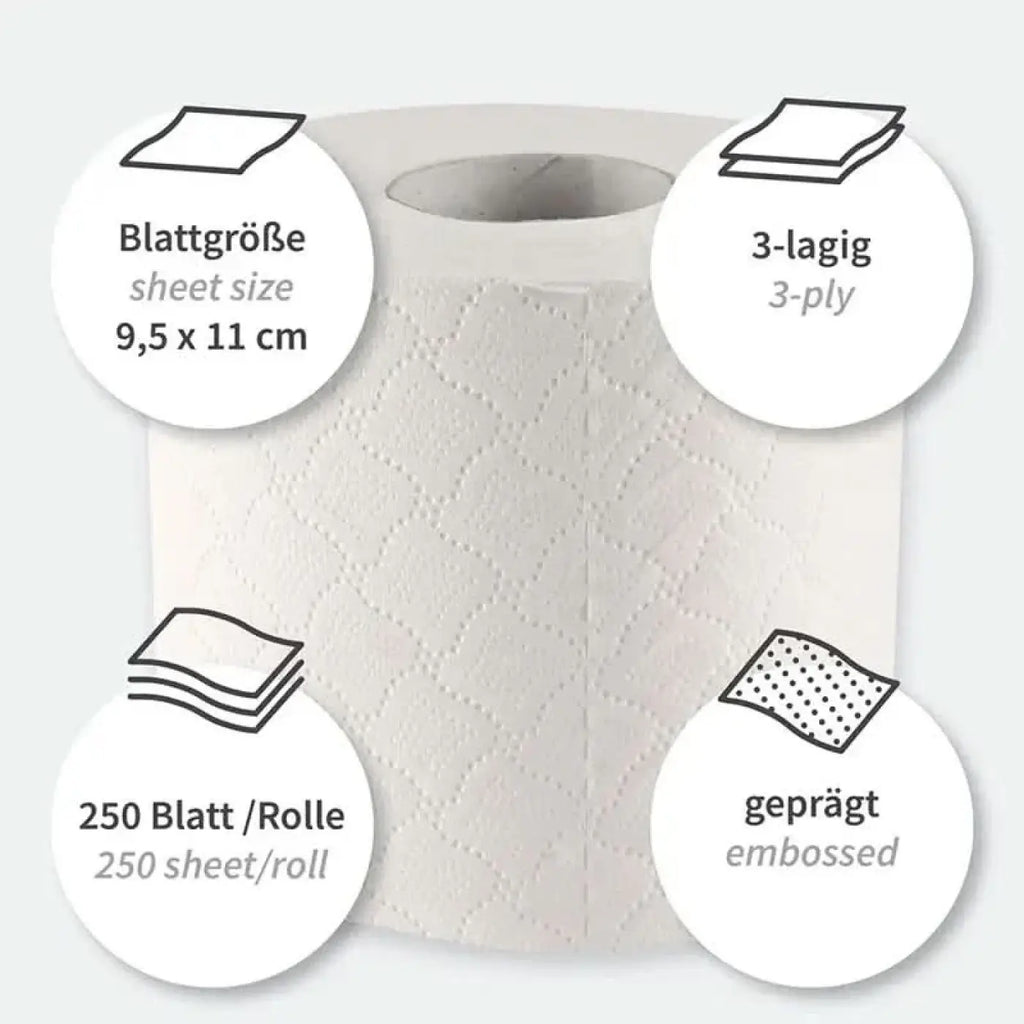 Weiße geprägte toilettenpapierrolle hygoclean 3-lagig kleinrolle 9,5 x 11 cm mit 72 rollen und 250 blatt