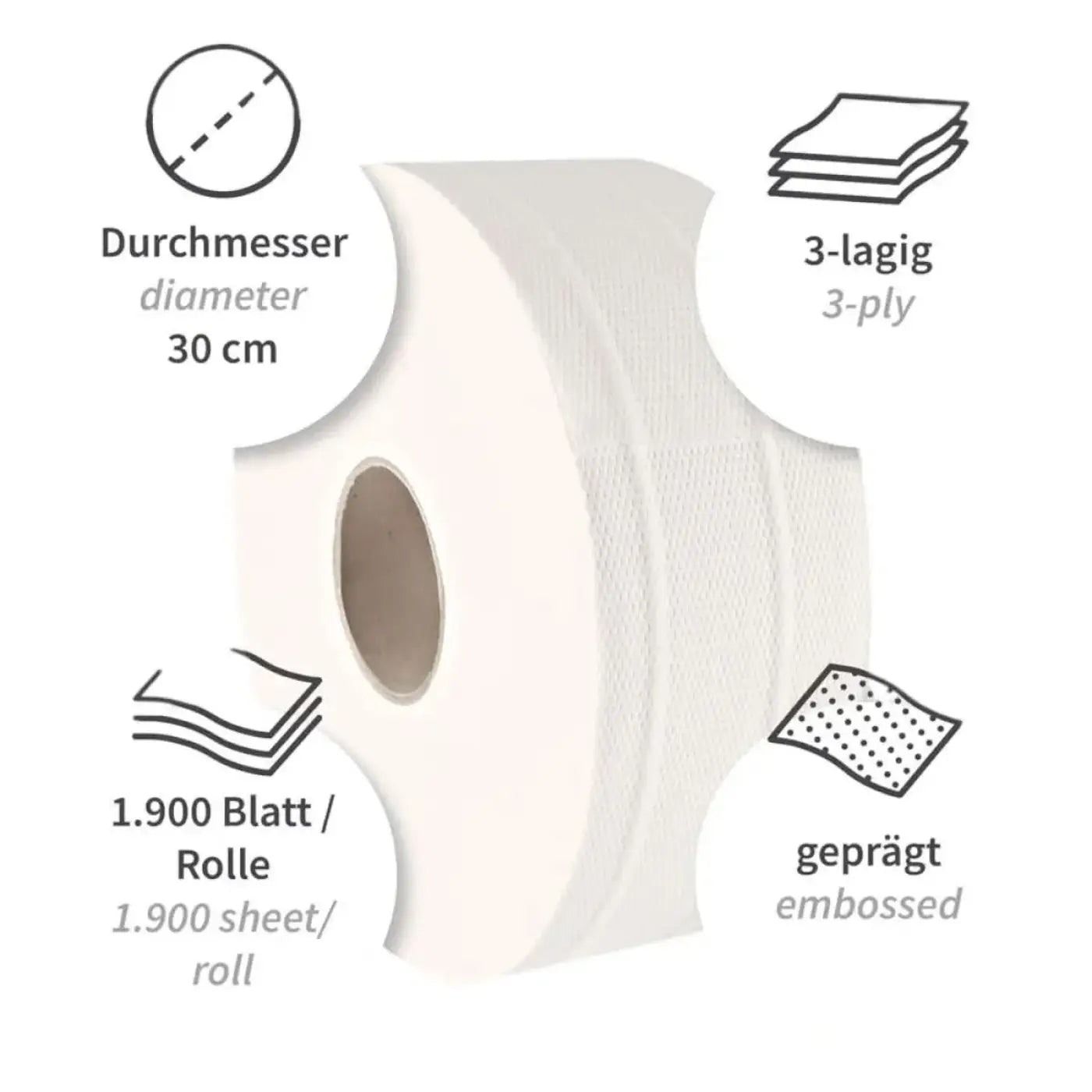 A weißer hygoClean jumbo 3-lagig Zellulose Toilettenpapierrolle mit 30 cm Durchmesser und geprägter Struktur