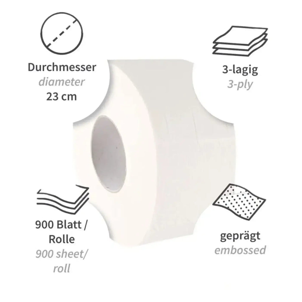 Hygoclean toilettenpapier jumbo 3-lagig weißes 3-ply zellulosepapier mit 23 cm durchmesser und geprägter oberfläche