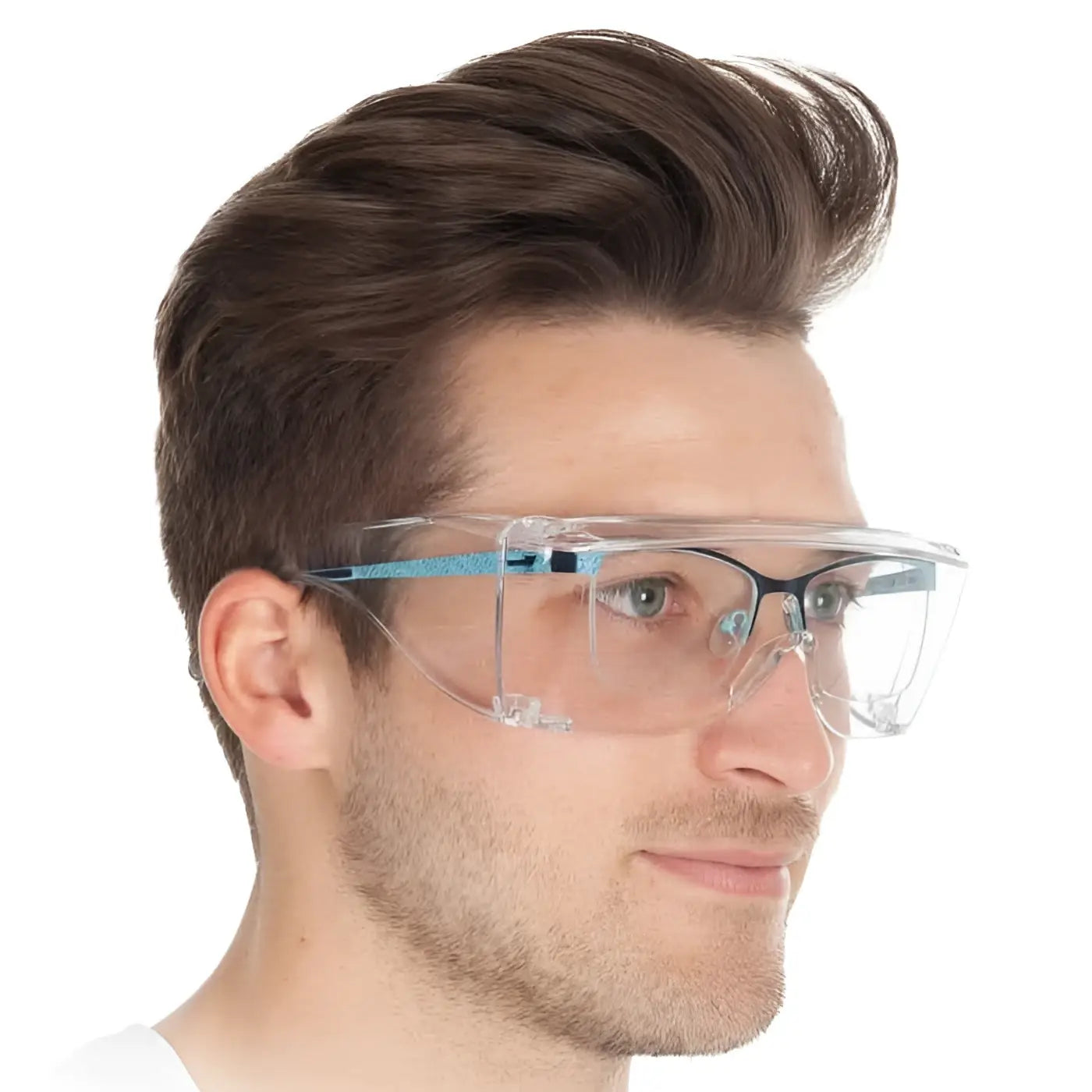 Klar safety goggles with blue adjustable straps worn by a man for eye protection by Hygostar