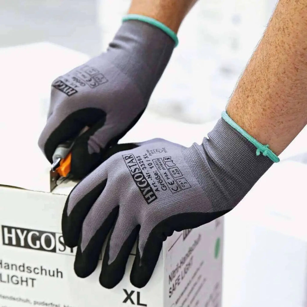 Hygostar arbeitshandschuhe ergo flex 12 paar in grau und schwarz mit türkisfarbenen bündchen und verstärkten fingerkuppen und handflächen