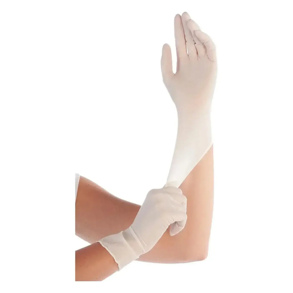 Weißes hygienisches latexhandschuh med grip puderfrei am arm getragen sicht auf die rückseite des produkts