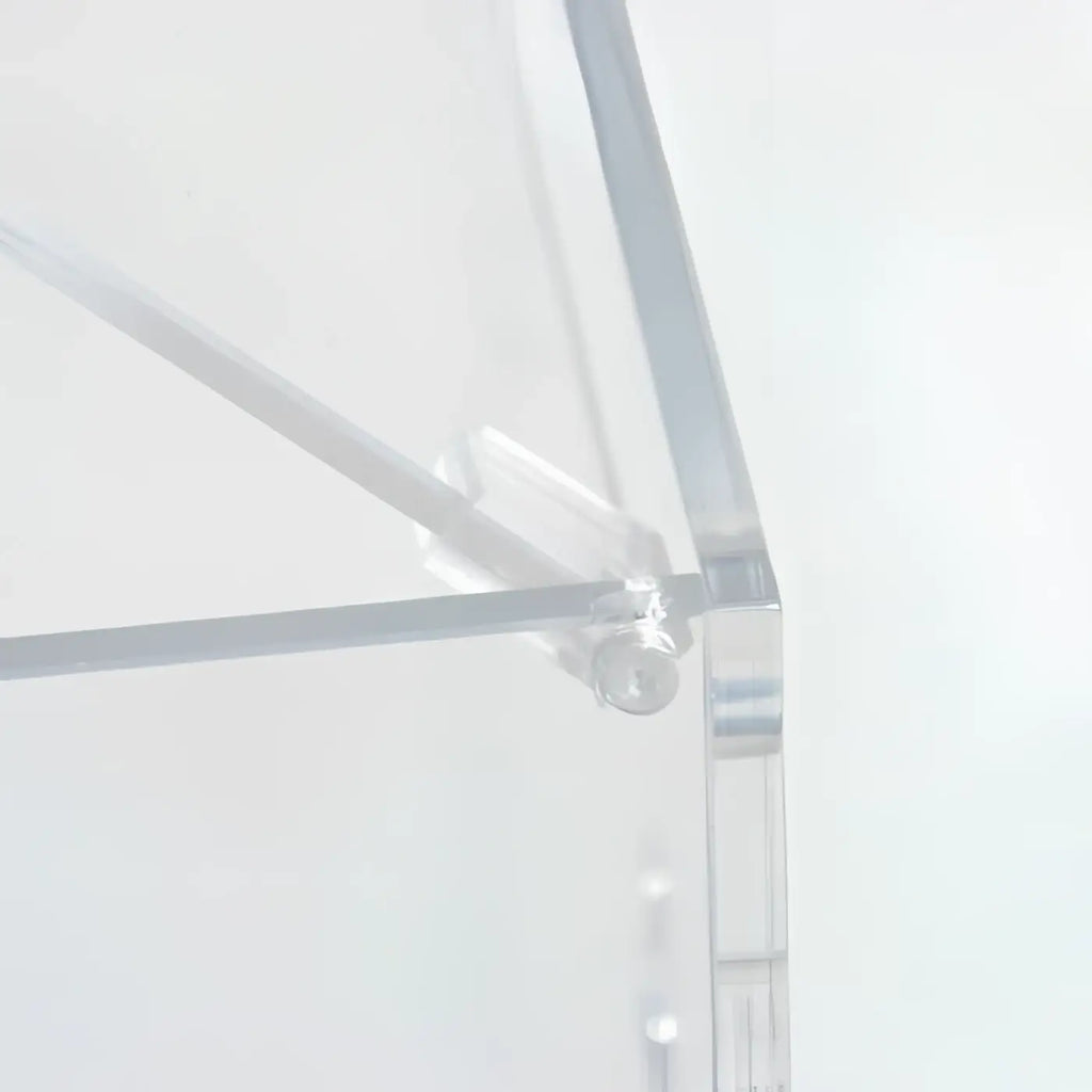Klarer acrylschirmrahmen mit transparenten gelenken und silberfarbenem metallverbinder im hygostar multispender acryl