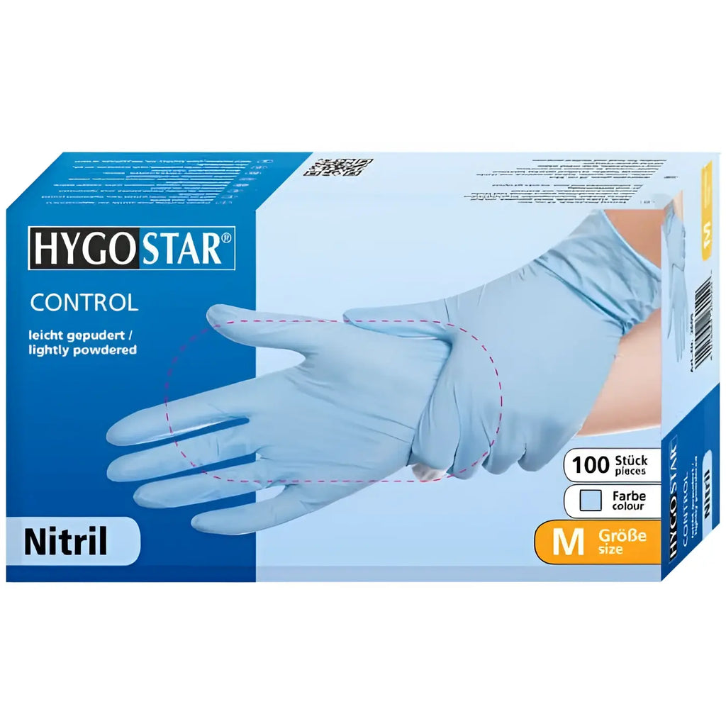 Hygostar nitril handschuhe control in hellblau, leicht gepudert, mittelgroß, 100 stück in der hygo star box