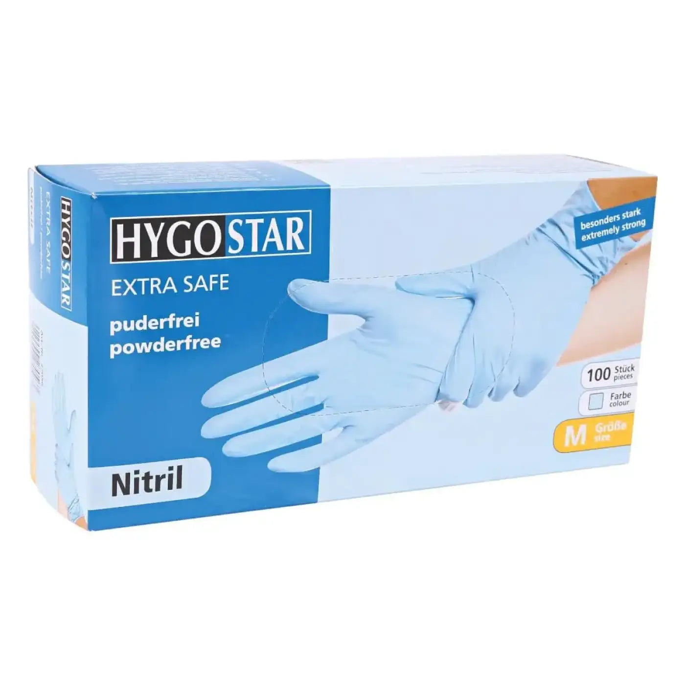 Eine box hygo star nitrilhandschuhe extra safe blau puderfrei aus nitril und latexfrei