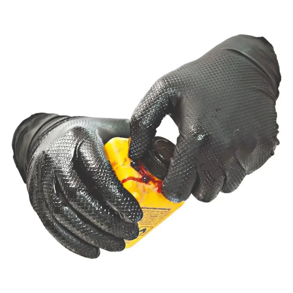 Hygostar power grip lange nitril-handschuhe schwarz mit texturierter griffoberfläche öffnen gelben behälter