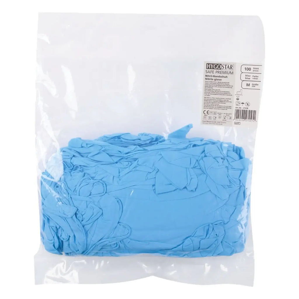 Ein paket mit 100 blauen hyqstar safe premium nitrilhandschuhen für sicheren und hygienischen einsatz