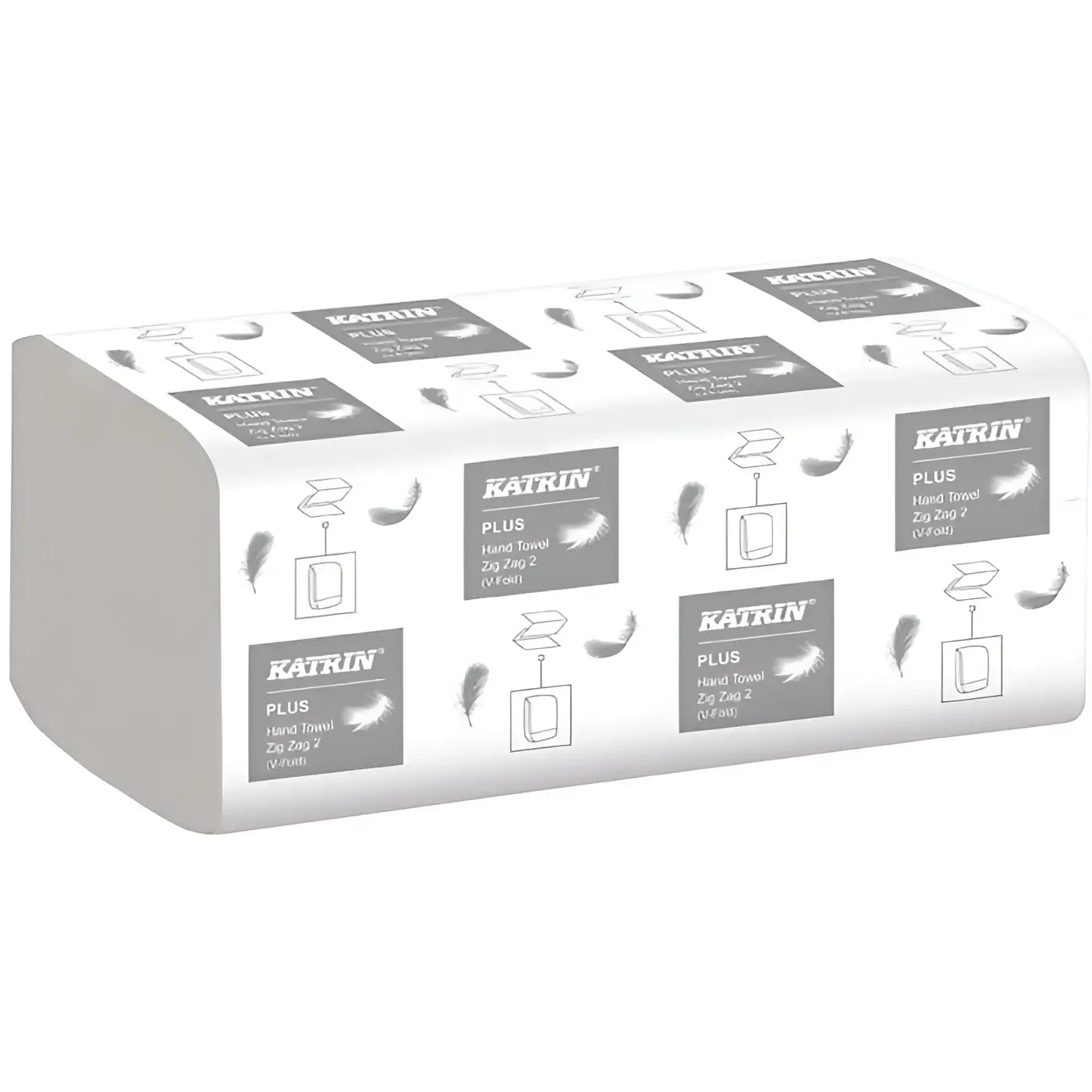 Weißer karton mit katrin plus handtuchpapier 2-lagig 4000 blatt graues branding und federillustrationen