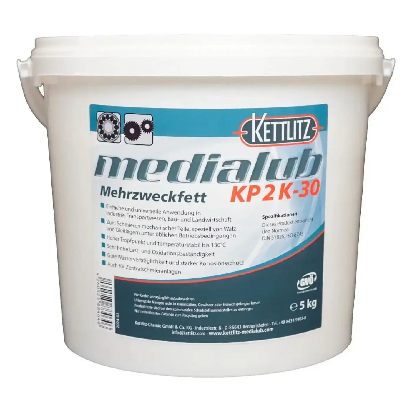 Weiß plastikeimer mit blauem und schwarzem etikett kettlitz medialub kp2k-30 industrielles mehrzweckfett