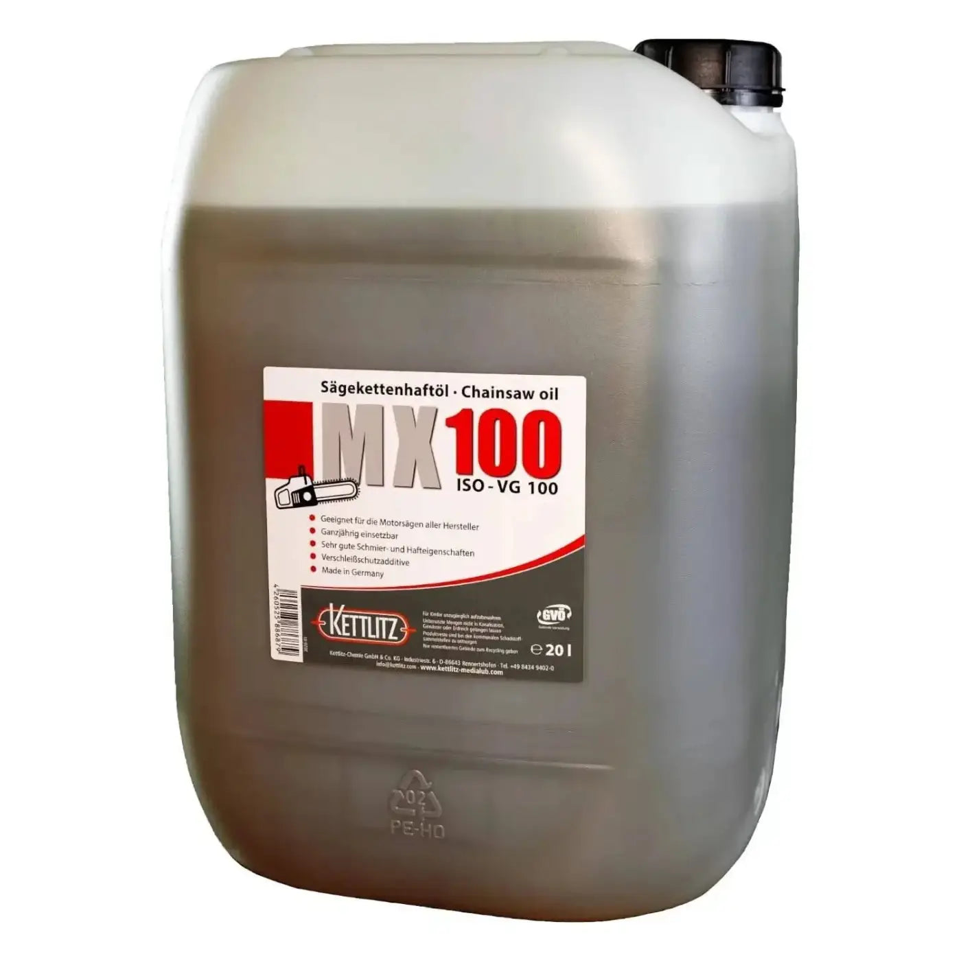 Ein 20-liter weißer plastikanhänger mit schwarzem deckel kettlitz mx100 mineralisches kettensägenöl für sägekettenschmierung