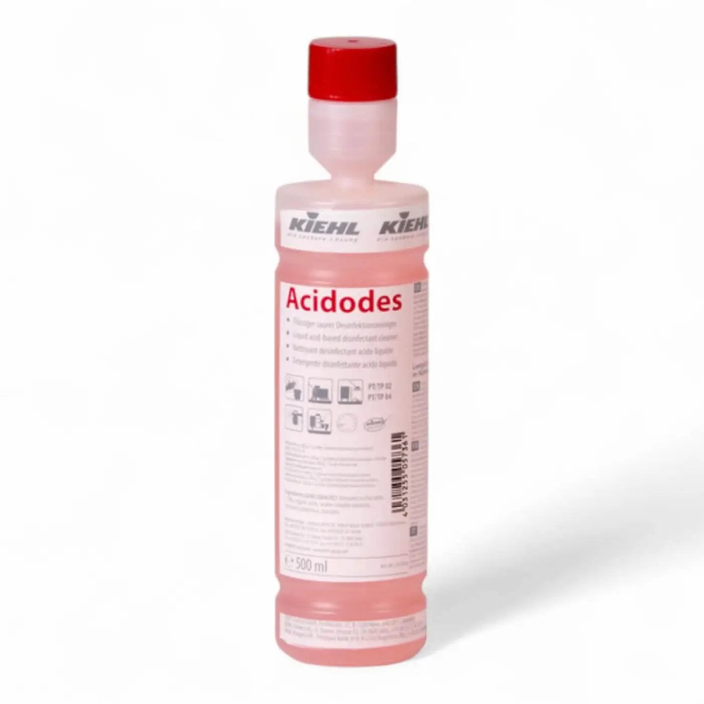 Eine durchscheinend pinke 500-ml-kiehl acidodes desinfektionsreinigerflasche mit rotem verschluss und weißem etikett