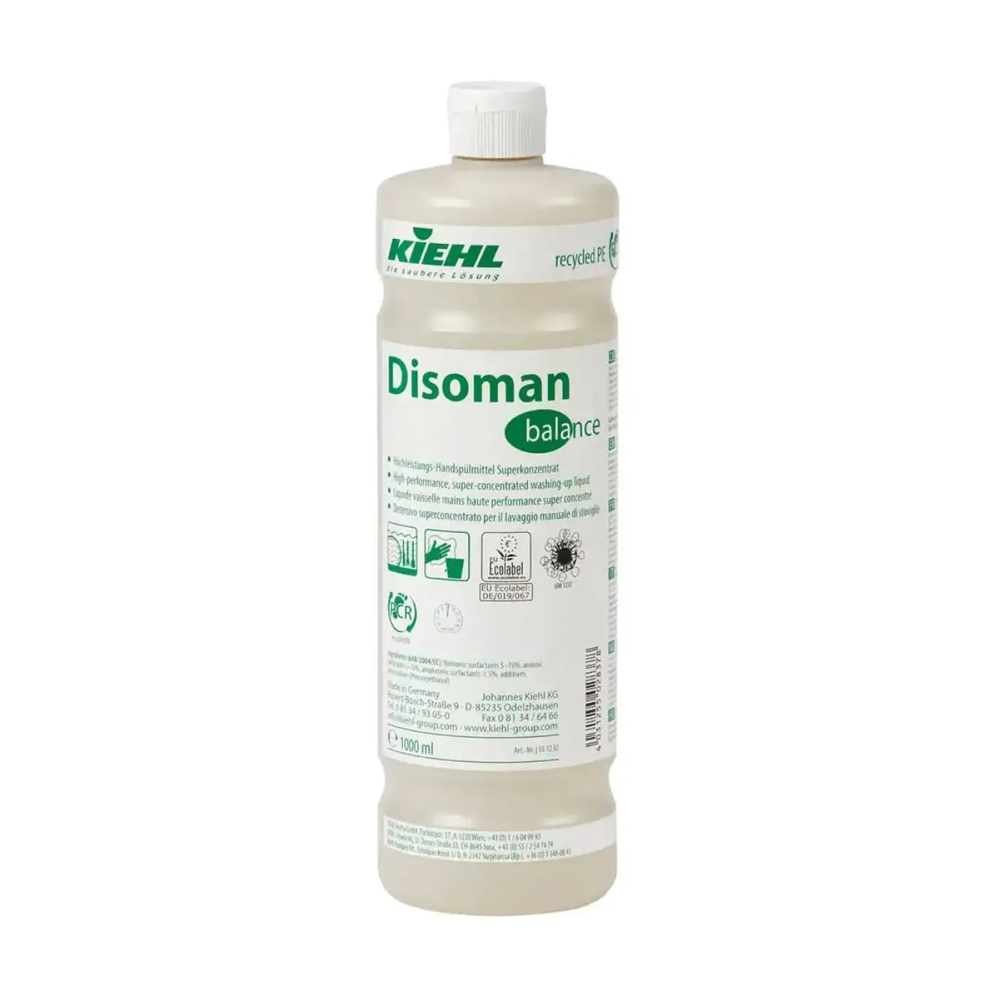 Eine klare plastikflasche mit weißem verschluss und etikett von kiehl mit disoman balance handspülmittel 1l
