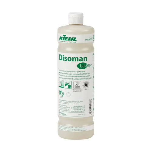 Eine klare plastikflasche mit weißem verschluss und etikett von kiehl mit disoman balance handspülmittel 1l