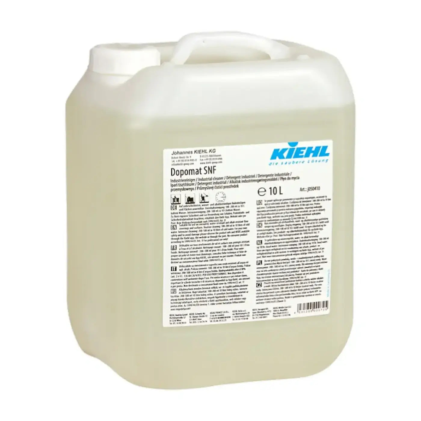 Weißer kunststoffbehälter mit blau weißem kiehl dopomat snf 10l etikett alkalischer industriereiniger