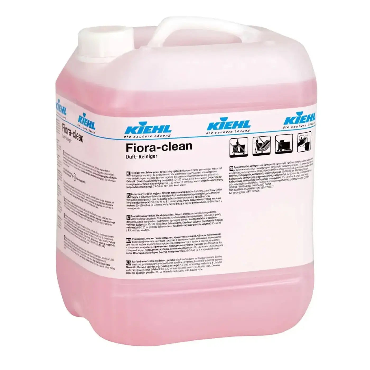 Pink flüssigkeitsgefüllter kunststoffkanister mit weißem deckel und kiehl’s flora-clean duft-reiniger auf dem label