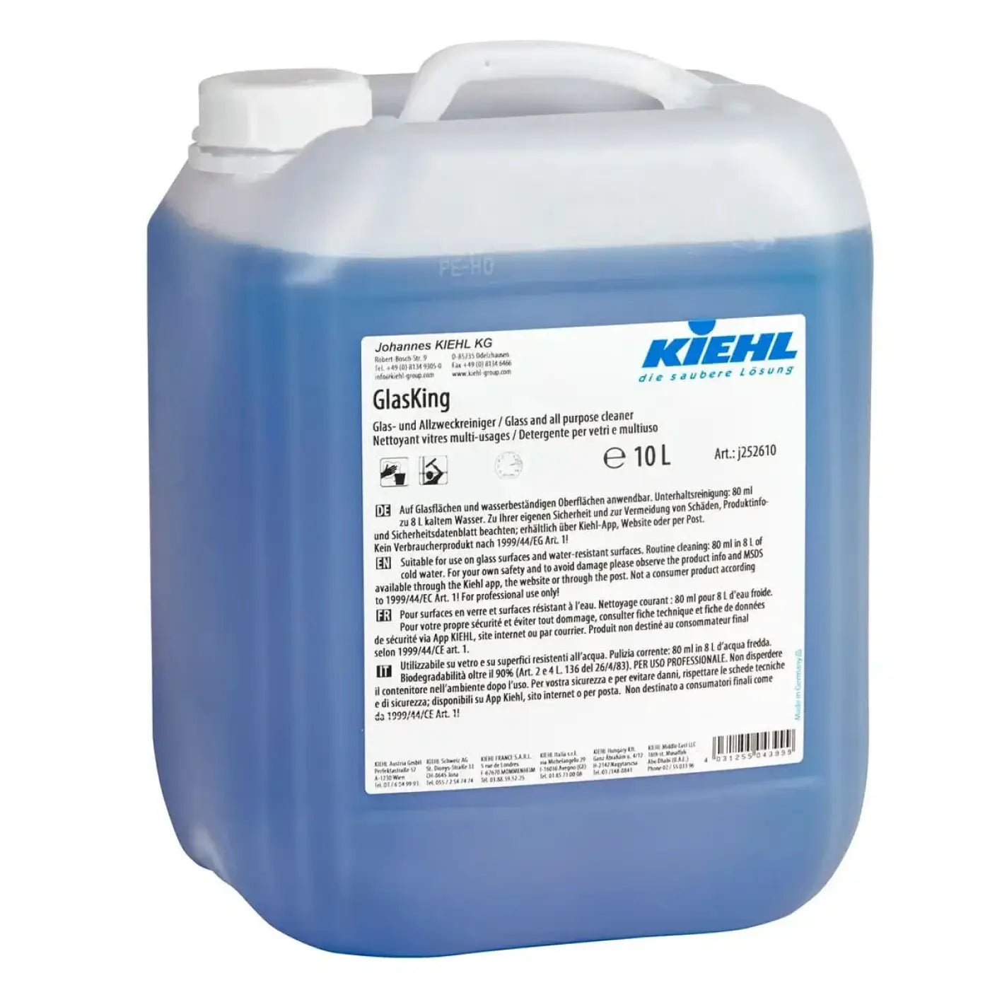 Blauer plastikbehälter mit weißem deckel und etikett des kiehl glasking glasreinigerkonzentrat 10l produkts