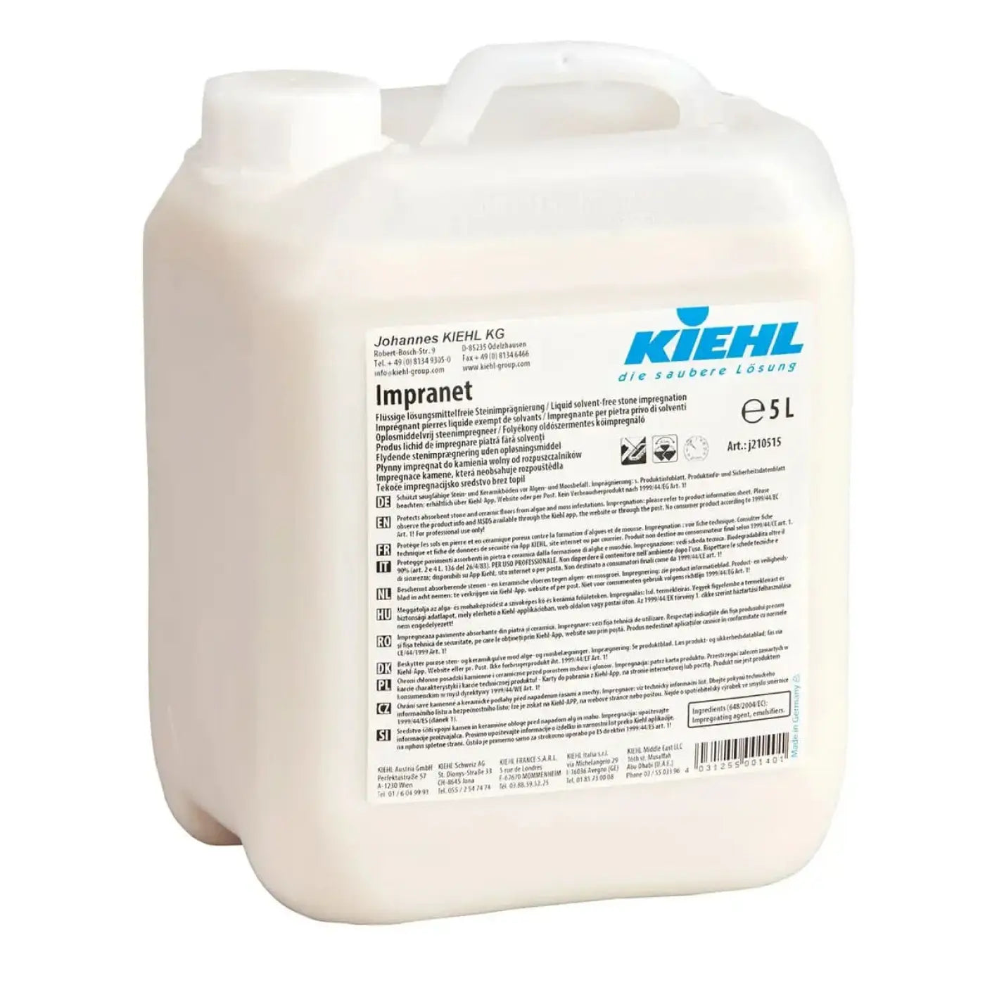 Weißer kunststoffkanister mit blau weißem kiehl’s label impranet 5l steinimprägnierung