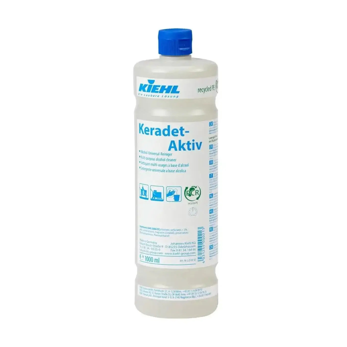 Klarer kunststoffflasche mit blauem deckel labeled kiehl keradet-aktiv alkohollöslicher allzweckreiniger 1 liter