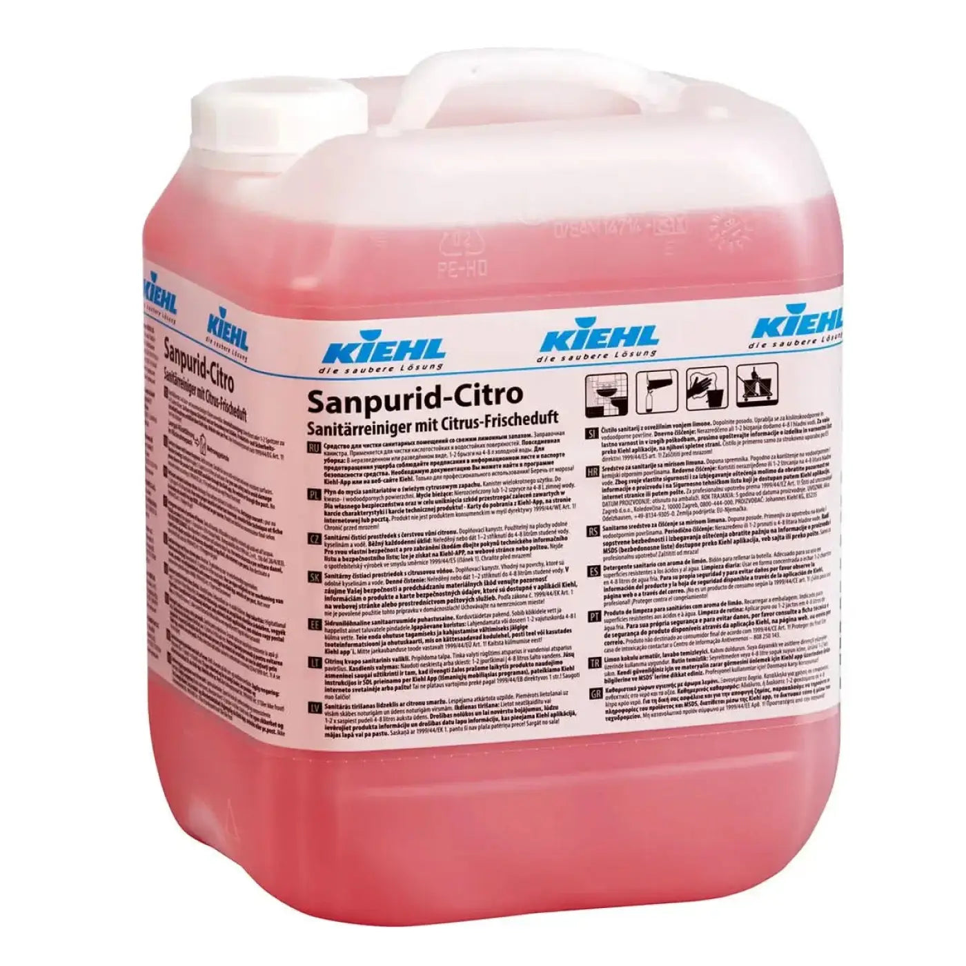Pink plastikflasche kiehls sanpurid-citro sanitärreiniger 10l mit weißem verschluss und blauer markenkennzeichnung
