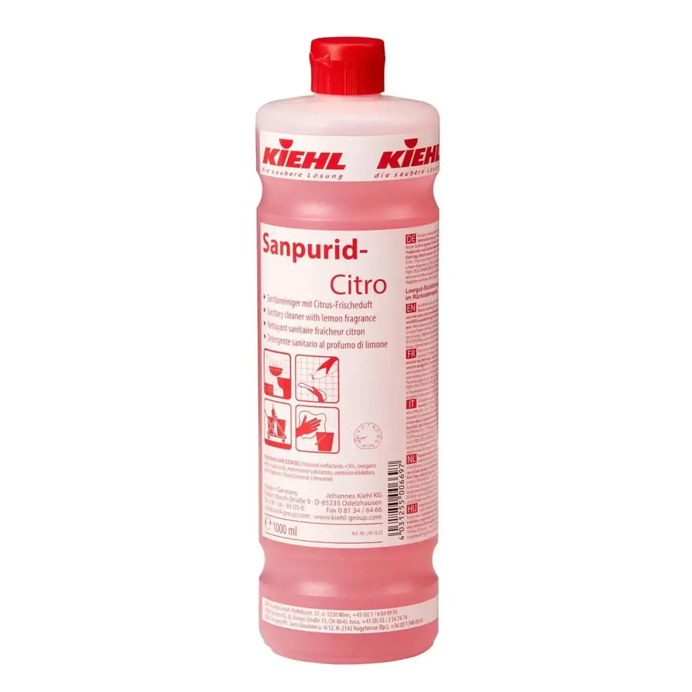 Kiehl sanpurid-citro sanitärreiniger 1l in rosa 1000 ml flasche mit rotem deckel und weißem etikett