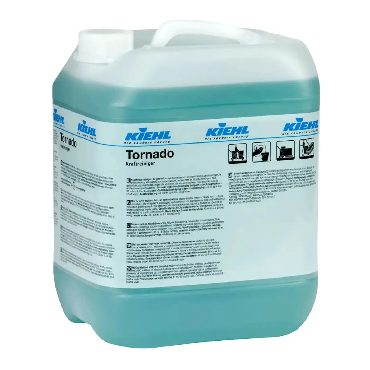 Ein teal farbener plastikkanister mit weißem deckel und aufschrift kiehl s tornado kraftreiniger 10l