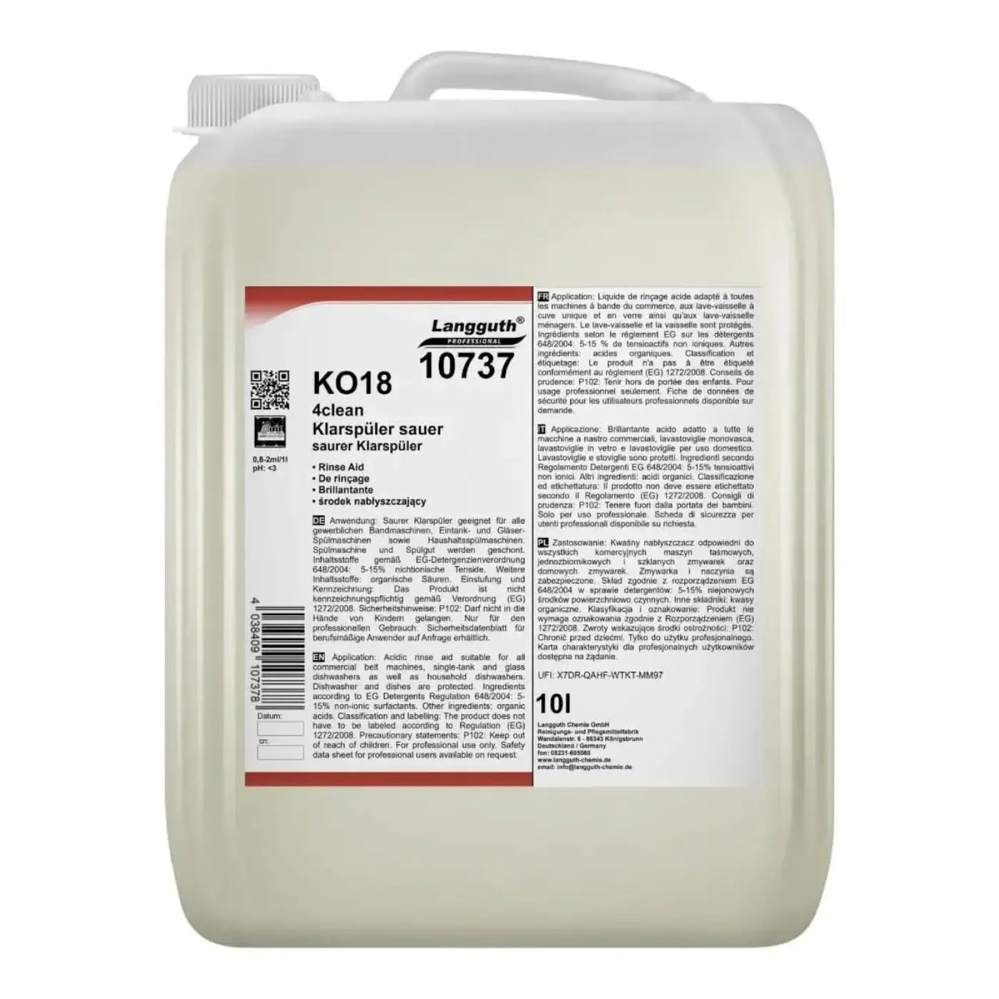 Weißer kunststoffkanister mit rotem und weißem langguth label und produktcode ko18 10737 für klarspüler sauer 10l