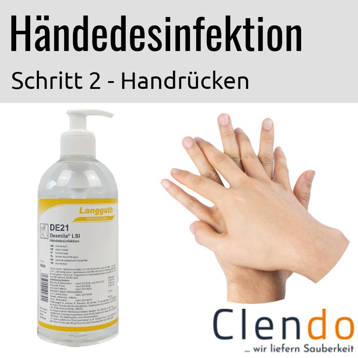Clear plastic bottle of langguth de21 desmila lsi hand sanitizer with white pump and yellow label for hand disinfection