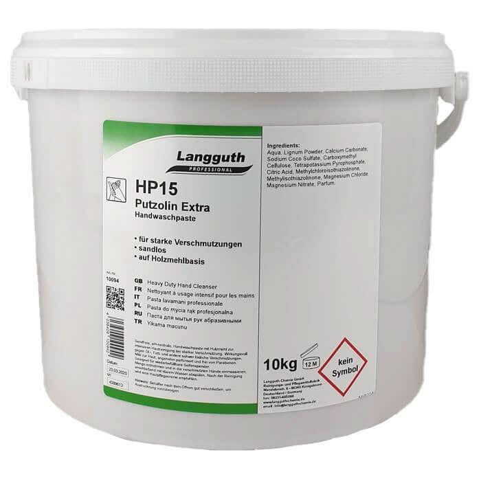 Weißer kunststoffeimer mit grün-weißem etikett langguth professional hp15 putzolin extra handwaschpaste 10 kg