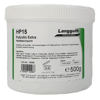 Weißer plastikbehälter mit grün-weißem etikett hp15 putzolin extra handwaschpaste von langguth professional 500g