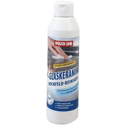 Weiße plastikflasche langguth kr30 polish line glaskeramik-kochfeld reiniger 250ml mit 3-in-1 effekt und mehrsprachigem etikett