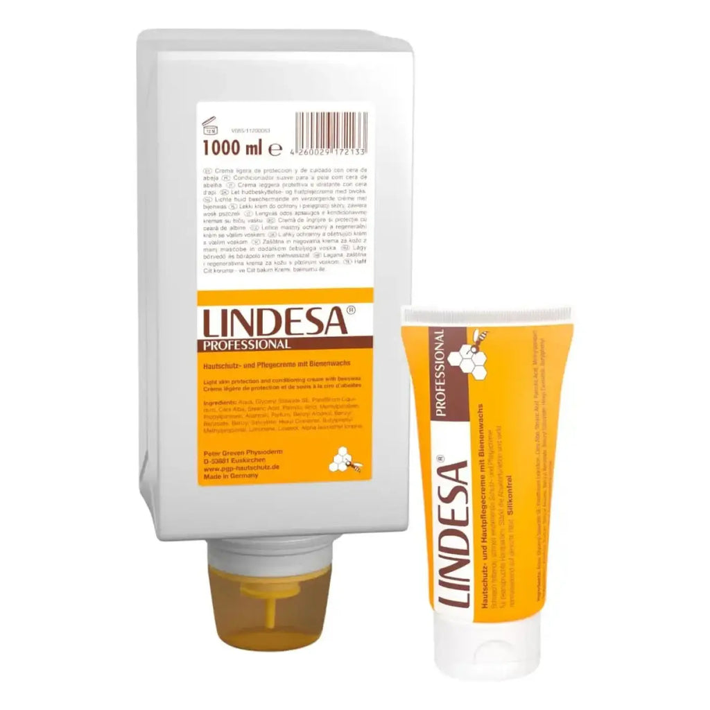 Lindesa professional hautpflegecreme 1000 ml weiße flasche mit orangeem etikett und braunem deckel neben kleiner lindesa honigwaben tube