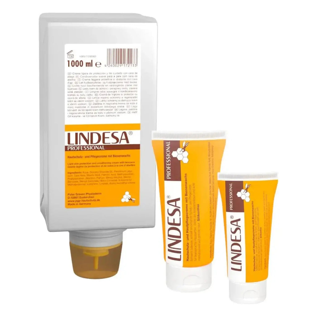 Lindesa pure professional hautschutzcreme hand und fusscreme 1000 ml weiße dose mit orangenem etikett und zwei kleineren rohren