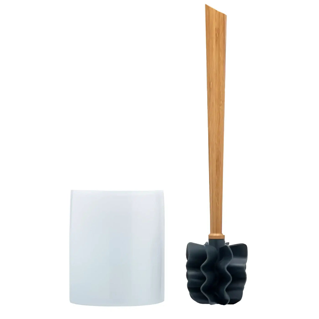 Schwarze silikon toilettenbürste mit bambusgriff und weißem zylinderhalter im loowy woodline borstenlose set