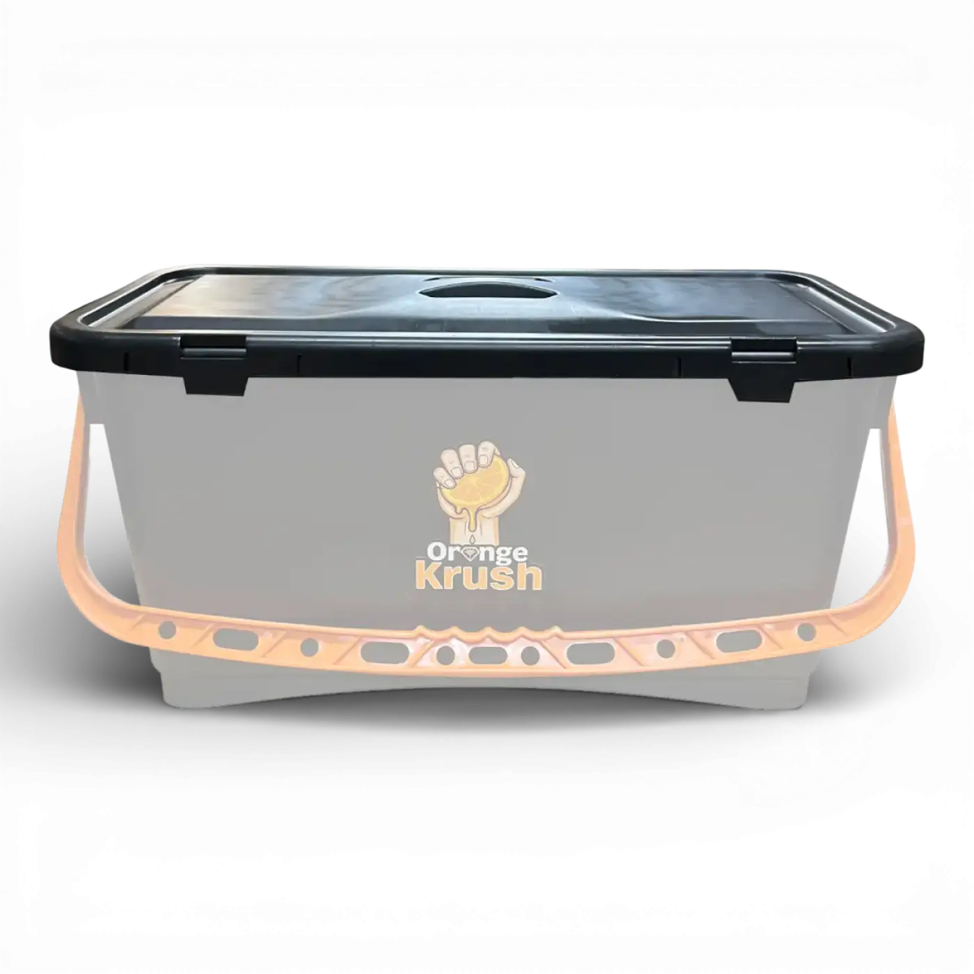 Grauer plastik Eimer mit schwarzem Deckel und pfirsichfarbenem Griff mit orange krush Logo für 22 liter von maykker