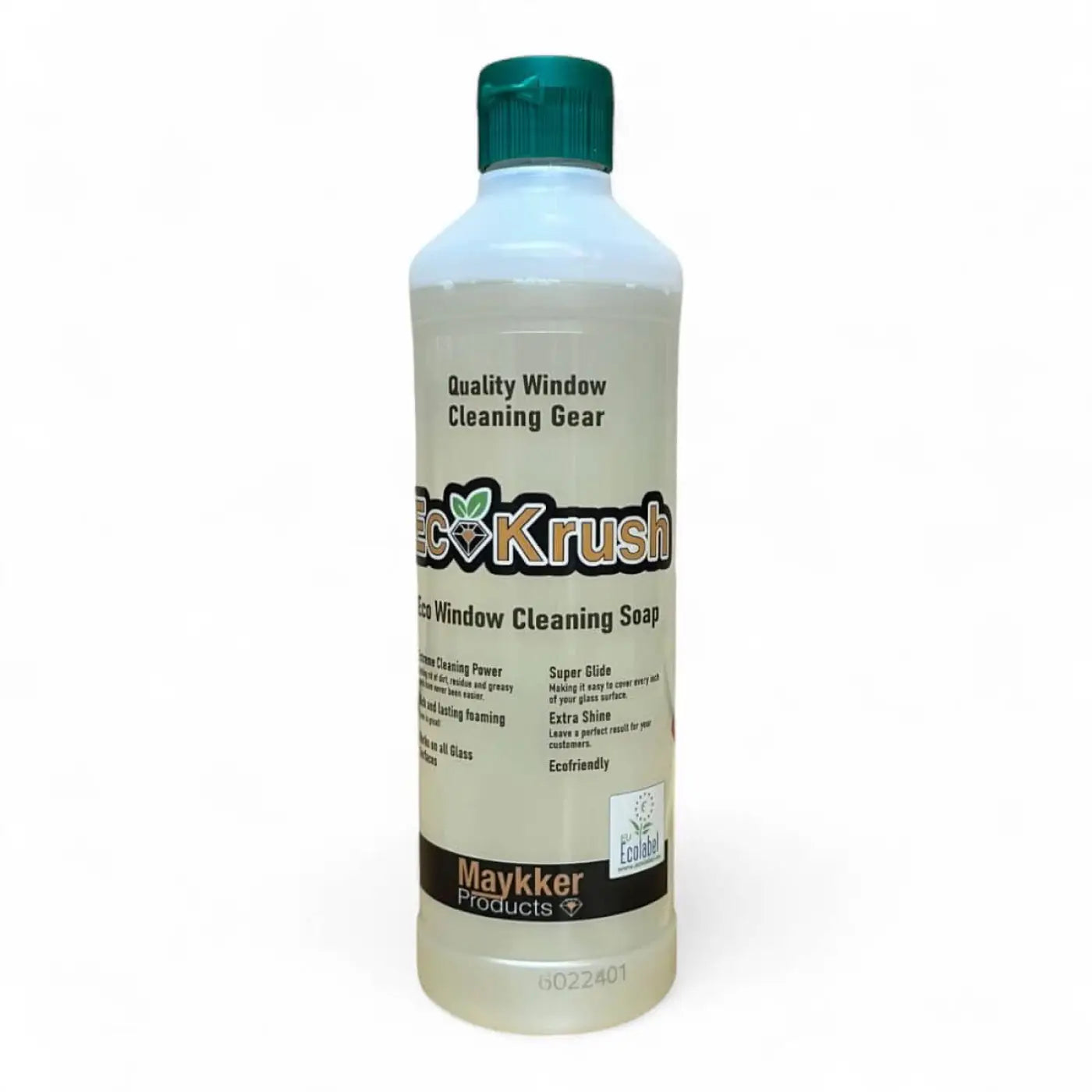 Eine durchsichtige plastikflasche mit grünem deckel und etikett ecokrush eco fensterreinigungsseife von maykker 500ml
