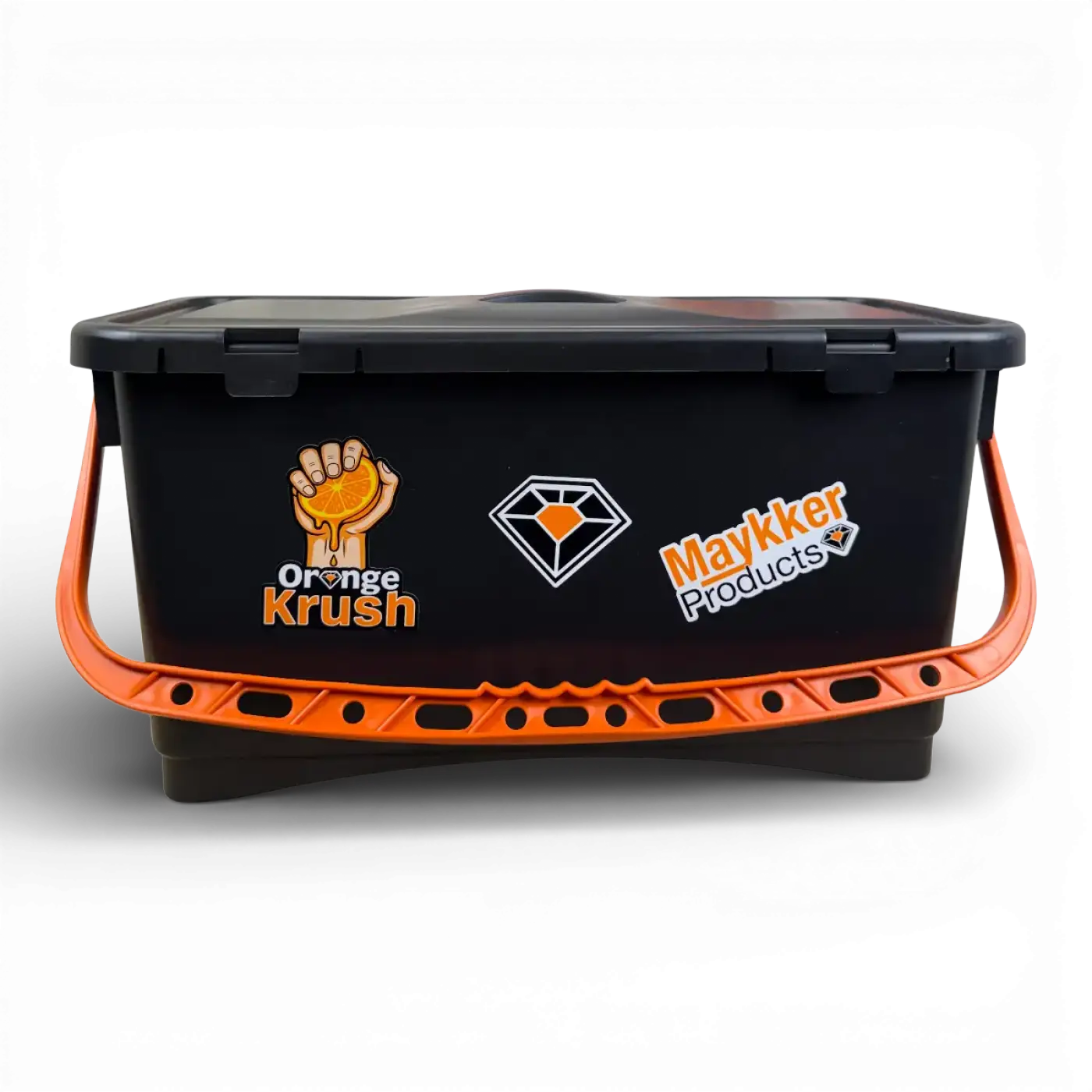 Schwarzer plastik eimer mit orangenem griff und Maykker logo 22 liter volumen