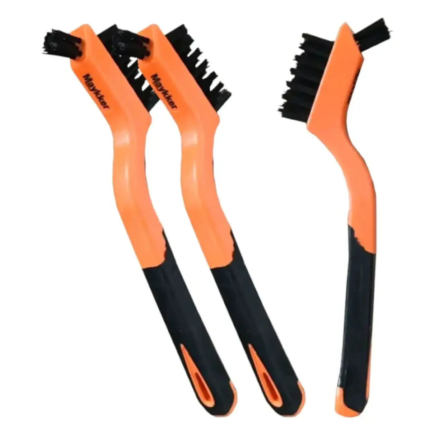 Set von drei orangen und schwarzen maykker wire brushes bürsten mit steifen schwarzen borsten