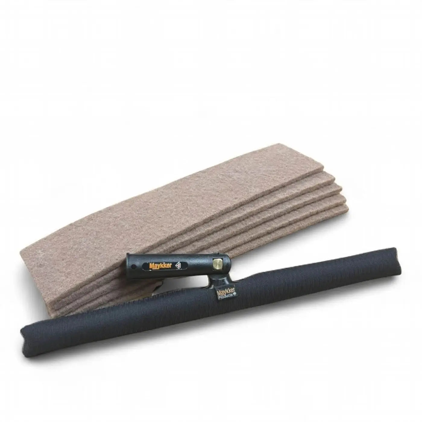 Maykiker black handled squeegee with beige felt cleaning pads for maykker walnuss einwascher bezug