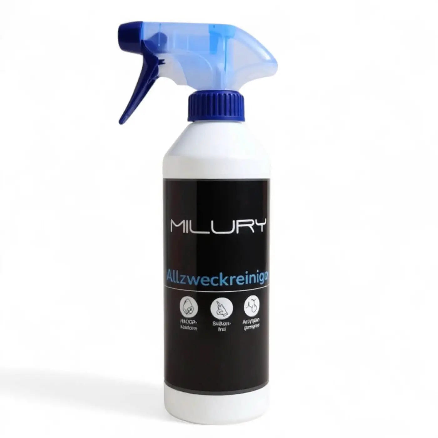 Milury allzweckreiniger sprühflasche leer 500ml weiß mit schwarzem etikett und blauen akzenten am sprühkopf