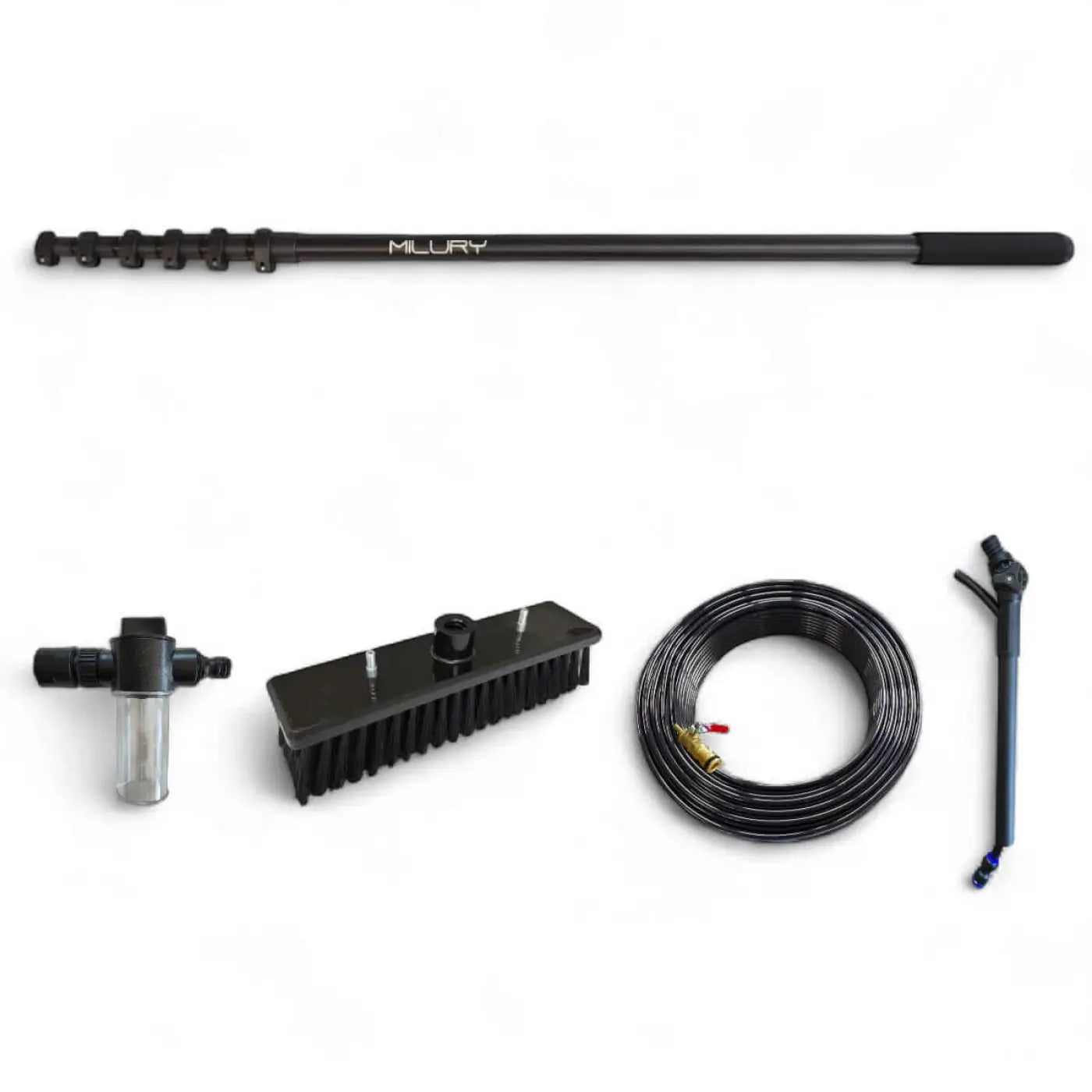 Schwarze aluminium profi-teleskopstange von milury mit ausziehbarem druckwaschlanzegriff und strukturiertem griff